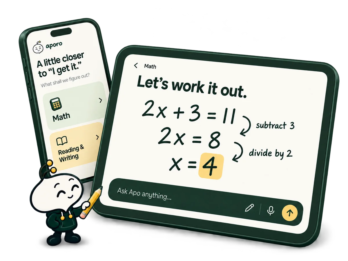 Generated Aporo app concept with overlapping forest-green phone and tablet and smiling Apo holding a pencil. The tablet solves 2x + 3 = 11 by subtracting 3, then dividing by 2, to give x = 4.