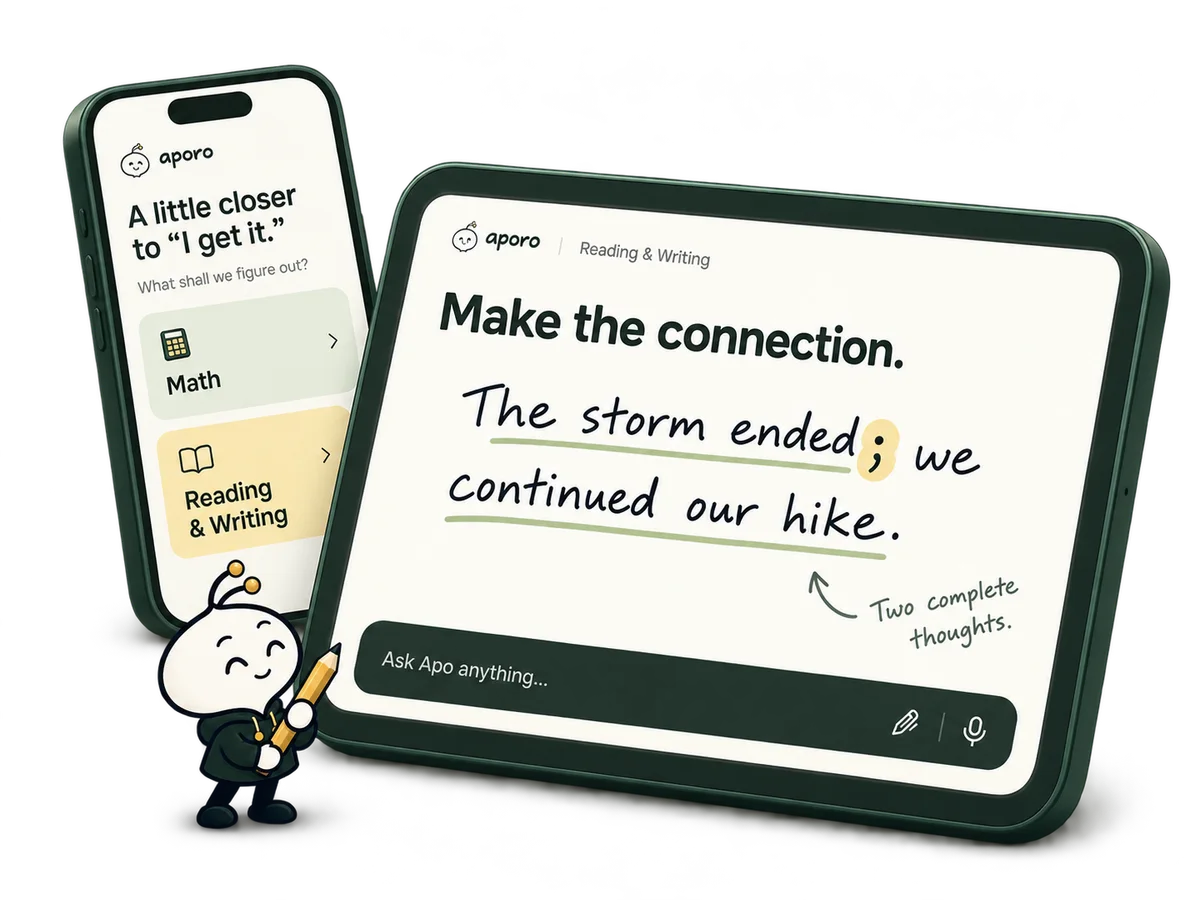 Generated Aporo app concept with overlapping forest-green phone and tablet and smiling Apo holding a pencil. The tablet joins The storm ended and we continued our hike with a highlighted semicolon: two complete thoughts.